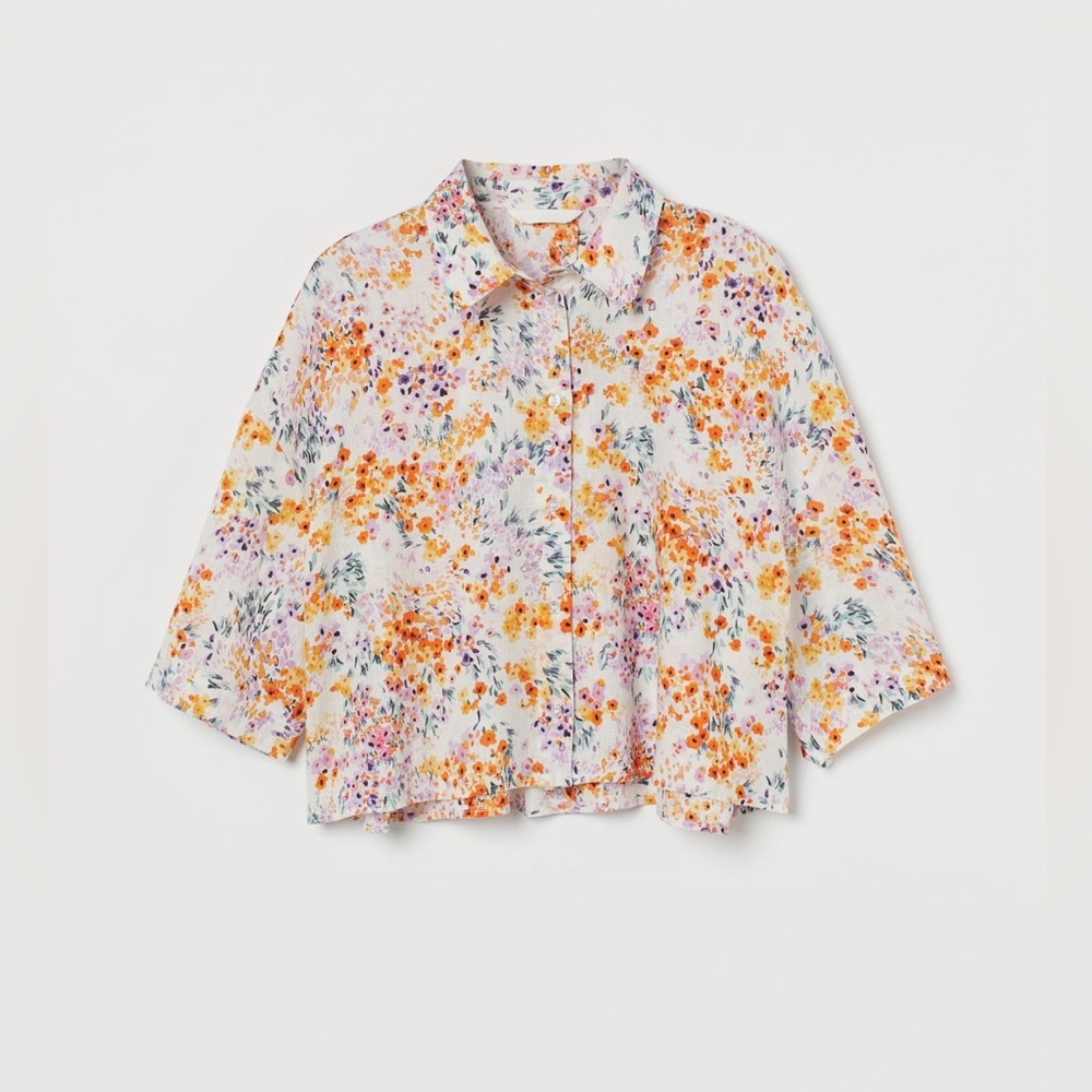 H&M Linen Crop Shirt in Bright Floral - Large